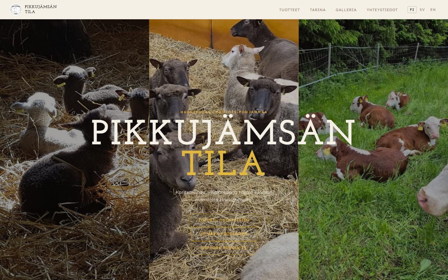 Pikkujämsän Tila homepage with a three-panel photo triptych hero