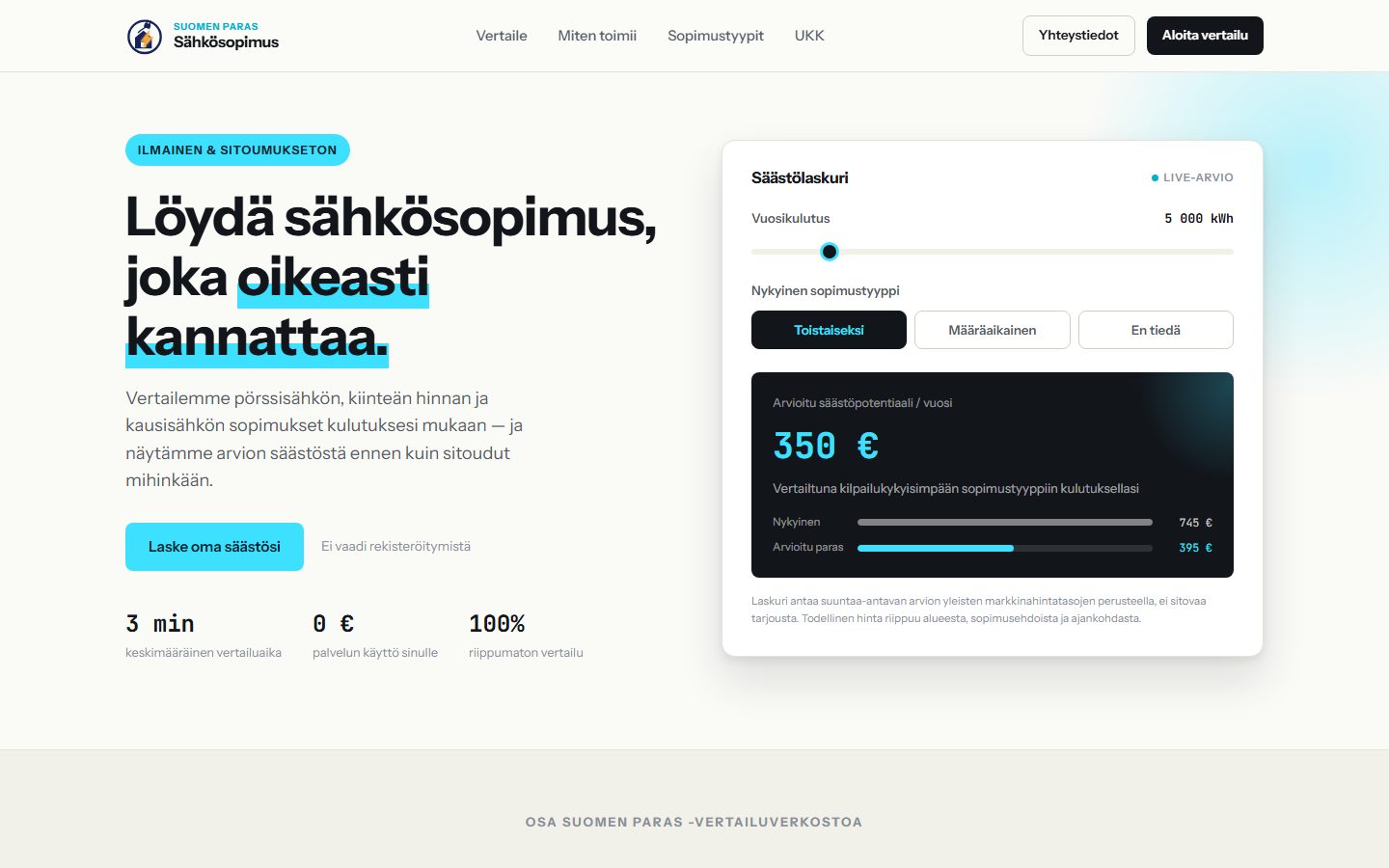 Suomen Paras Sähkösopimus homepage with a live electricity-savings calculator
